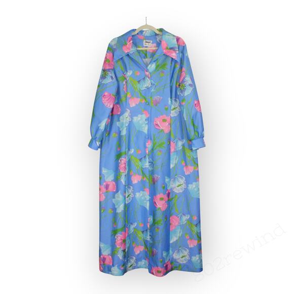 L/XL Vintage Channel1 by BillSims HouseDress DressingGown Poly Floral Aloha 70s - Picture 4 of 11